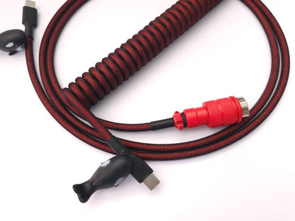 Red keycaps coiled cable